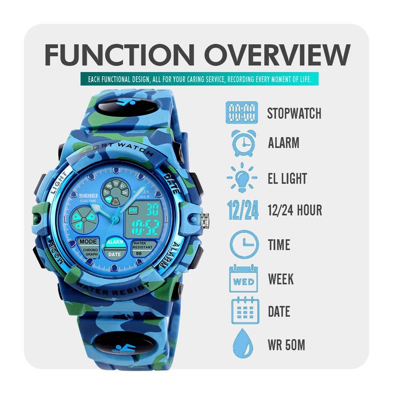 cofuo Camo Kid Watch Age 5-15, Kids Military Army Digital Sports Waterproof Watch for Kids Birthday Presents Camouflage Gifts Toys Age 5-16 Boys Girls Children Young Outdoor Electronic Watches Stopwatch - Image 5